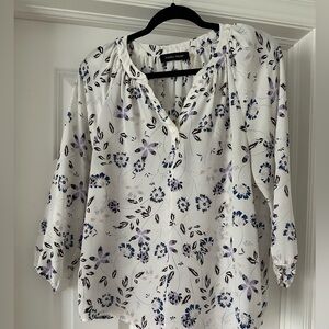 Ivanka Trump White Floral Blouse with Blue & Lavender Flowers
